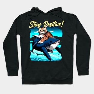 Stay Positive ! Funny Cat ride shark Hoodie